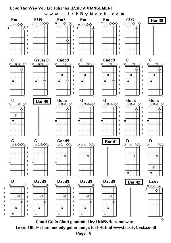 Chord Grids Chart of chord melody fingerstyle guitar song-Love The Way You Lie-Rihanna-BASIC ARRANGEMENT,generated by LickByNeck software.